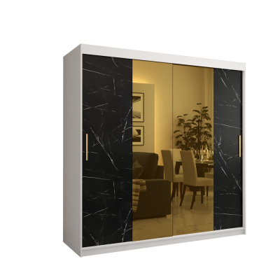 Dizajnová šatníková skriňa so zlatým zrkadlom MADLA 1 - šírka 200 cm, biela / čierna