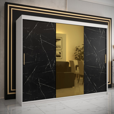 Dizajnová šatníková skriňa so zlatým zrkadlom MADLA 1 - šírka 250 cm, biela / čierna