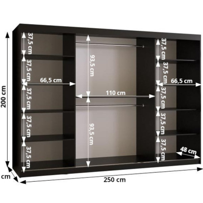 Dizajnová šatníková skriňa so zlatým zrkadlom MADLA 1 - šírka 250 cm, biela / čierna