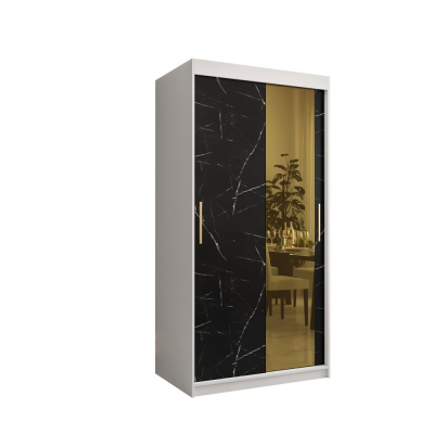Dizajnová šatníková skriňa so zlatým zrkadlom MADLA 2 - šírka 100 cm, biela / čierna