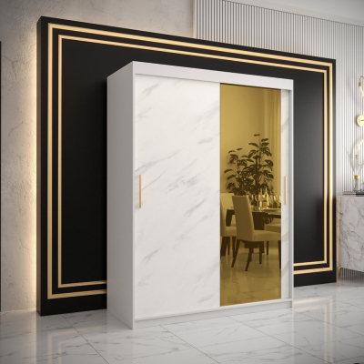 Dizajnová šatníková skriňa so zlatým zrkadlom MADLA 2 - šírka 150 cm, biela