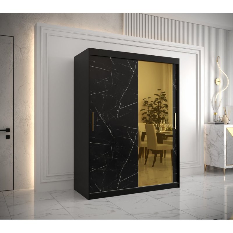 Dizajnová šatníková skriňa so zlatým zrkadlom MADLA 2 - šírka 150 cm, čierna