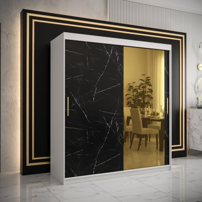Dizajnová šatníková skriňa so zlatým zrkadlom MADLA 2 - šírka 180 cm, biela / čierna