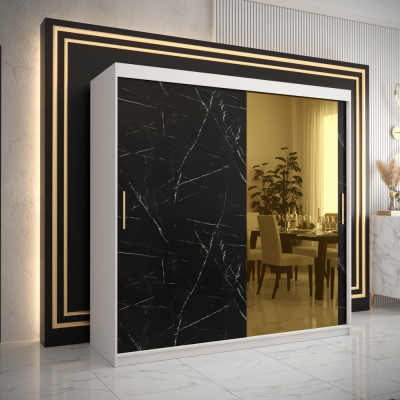 Dizajnová šatníková skriňa so zlatým zrkadlom MADLA 2 - šírka 200 cm, biela / čierna