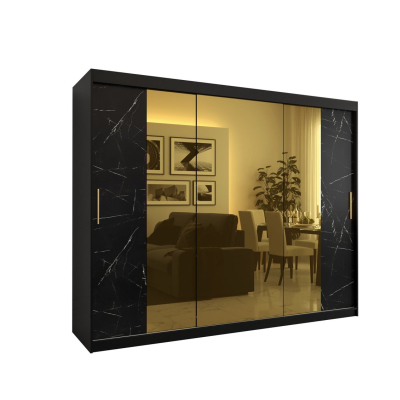 Dizajnová šatníková skriňa so zlatým zrkadlom MADLA 2 - šírka 250 cm, čierna