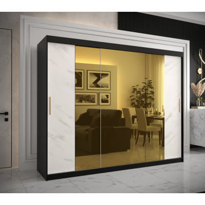 Dizajnová šatníková skriňa so zlatým zrkadlom MADLA 2 - šírka 250 cm, čierna / biela