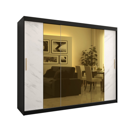 Dizajnová šatníková skriňa so zlatým zrkadlom MADLA 2 - šírka 250 cm, čierna / biela