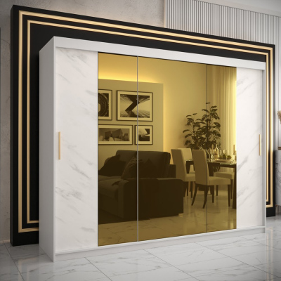 Dizajnová šatníková skriňa so zlatým zrkadlom MADLA 2 - šírka 250 cm, biela