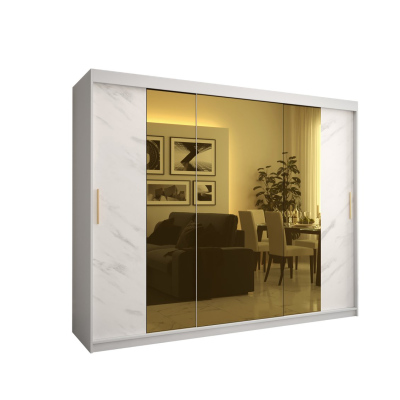 Dizajnová šatníková skriňa so zlatým zrkadlom MADLA 2 - šírka 250 cm, biela
