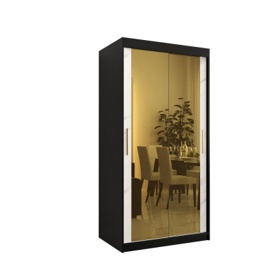 Dizajnová šatníková skriňa so zlatým zrkadlom MADLA 3 - šírka 100 cm, čierna / biela