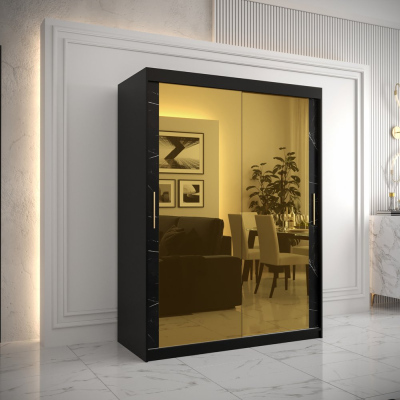 Dizajnová šatníková skriňa so zlatým zrkadlom MADLA 3 - šírka 150 cm, čierna