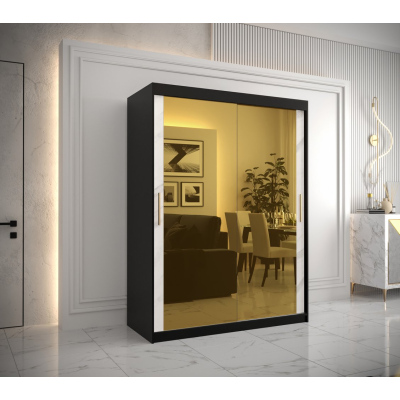 Dizajnová šatníková skriňa so zlatým zrkadlom MADLA 3 - šírka 150 cm, čierna / biela