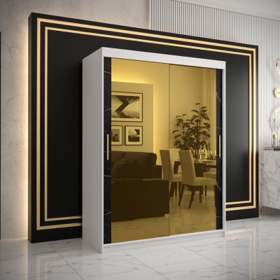 Dizajnová šatníková skriňa so zlatým zrkadlom MADLA 3 - šírka 150 cm, biela / čierna