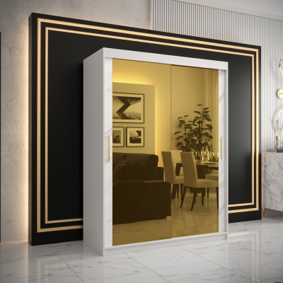 Dizajnová šatníková skriňa so zlatým zrkadlom MADLA 3 - šírka 150 cm, biela