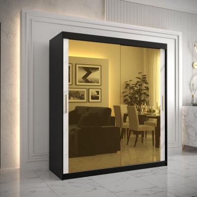 Dizajnová šatníková skriňa so zlatým zrkadlom MADLA 3 - šírka 180 cm, čierna / biela