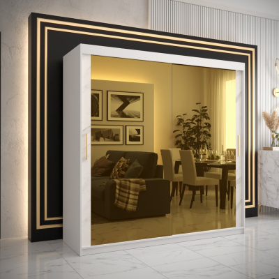 Dizajnová šatníková skriňa so zlatým zrkadlom MADLA 3 - šírka 200 cm, biela