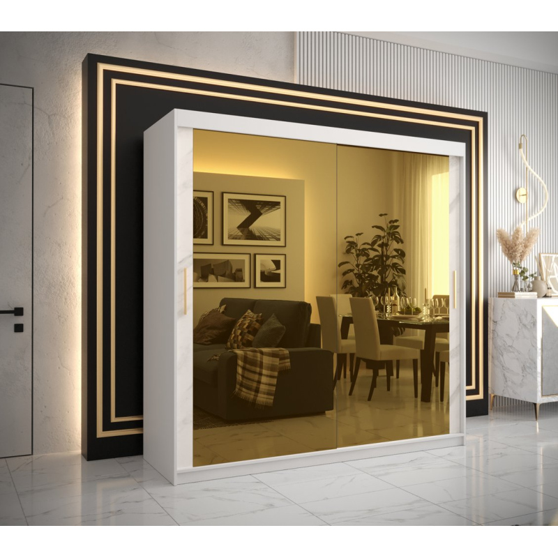 Dizajnová šatníková skriňa so zlatým zrkadlom MADLA 3 - šírka 200 cm, biela