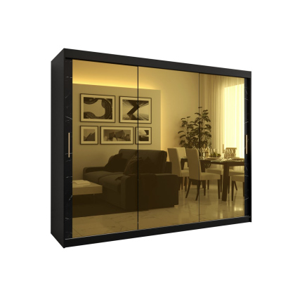 Dizajnová šatníková skriňa so zlatým zrkadlom MADLA 3 - šírka 250 cm, čierna
