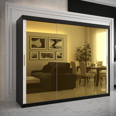 Dizajnová šatníková skriňa so zlatým zrkadlom MADLA 3 - šírka 250 cm, čierna / biela
