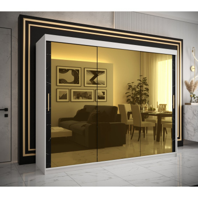 Dizajnová šatníková skriňa so zlatým zrkadlom MADLA 3 - šírka 250 cm, biela / čierna