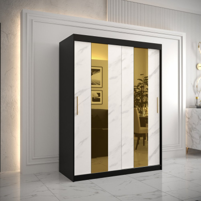 Dizajnová šatníková skriňa so zlatým zrkadlom MADLA 4 - šírka 150 cm, čierna / biela