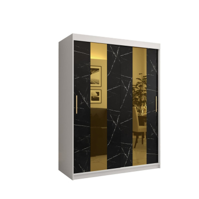 Dizajnová šatníková skriňa so zlatým zrkadlom MADLA 4 - šírka 150 cm, biela / čierna