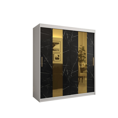 Dizajnová šatníková skriňa so zlatým zrkadlom MADLA 4 - šírka 180 cm, biela / čierna