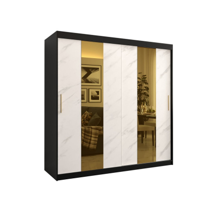Dizajnová šatníková skriňa so zlatým zrkadlom MADLA 4 - šírka 200 cm, čierna / biela