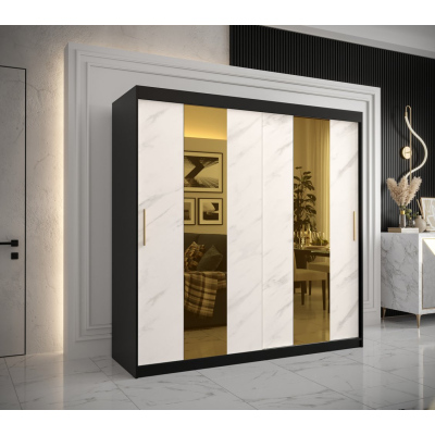 Dizajnová šatníková skriňa so zlatým zrkadlom MADLA 4 - šírka 200 cm, čierna / biela