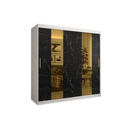 Dizajnová šatníková skriňa so zlatým zrkadlom MADLA 4 - šírka 200 cm, biela / čierna
