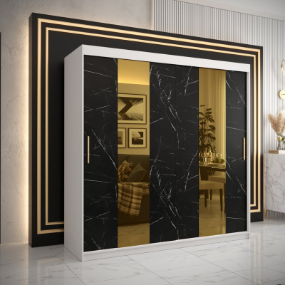 Dizajnová šatníková skriňa so zlatým zrkadlom MADLA 4 - šírka 200 cm, biela / čierna