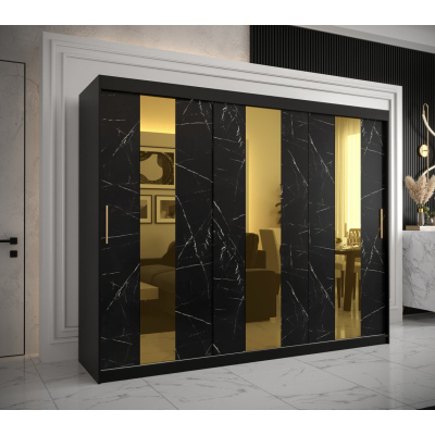 Dizajnová šatníková skriňa so zlatým zrkadlom MADLA 4 - šírka 250 cm, čierna