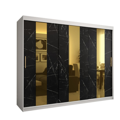 Dizajnová šatníková skriňa so zlatým zrkadlom MADLA 4 - šírka 250 cm, biela / čierna