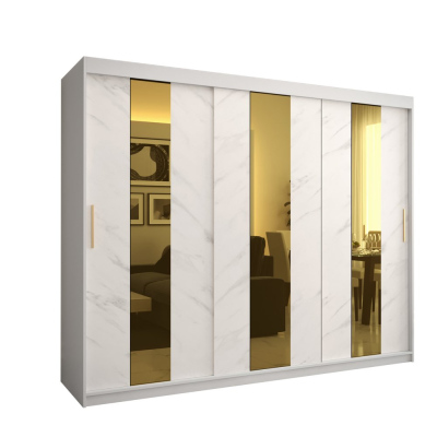 Dizajnová šatníková skriňa so zlatým zrkadlom MADLA 4 - šírka 250 cm, biela