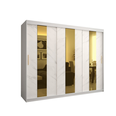 Dizajnová šatníková skriňa so zlatým zrkadlom MADLA 4 - šírka 250 cm, biela