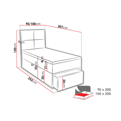 Jednolôžková boxspringová posteľ 90x200 LUGAU - čierna, pravé prevedenie + topper ZDARMA