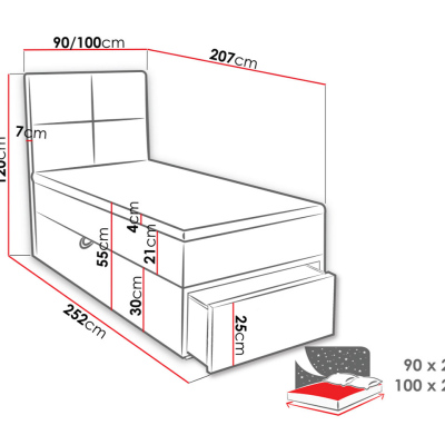 Jednolôžková boxspringová posteľ 90x200 LUGAU - šedá, ľavé prevedenie + topper ZDARMA