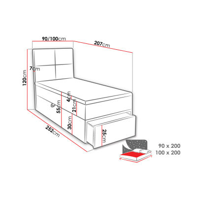 Jednolôžková boxspringová posteľ 90x200 LUGAU - šedá, ľavé prevedenie + topper ZDARMA