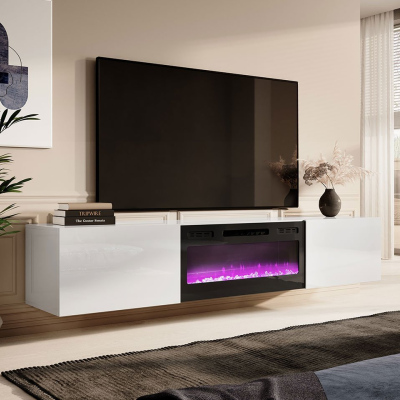 Závesný TV stolík s elektrickým krbom TOKA - biely / lesklý biely
