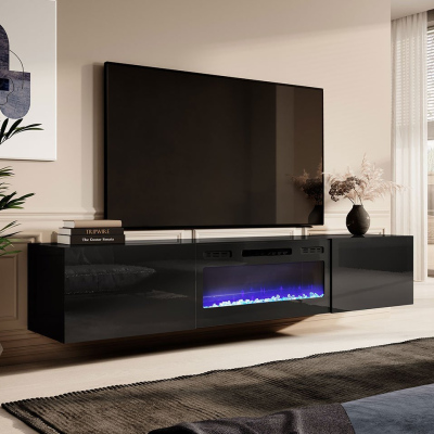 Závesný TV stolík s elektrickým krbom TOKA - čierny / lesklý čierny