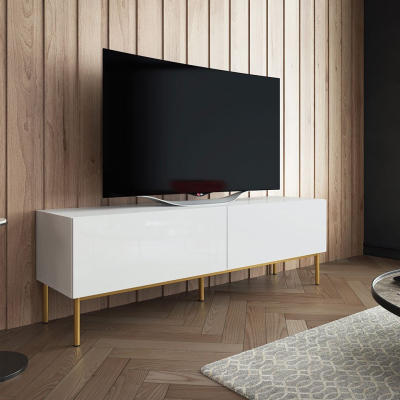 TV stolík TOKA - 150 cm, lesklý biely / zlatý