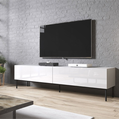 TV stolík TOKA - 200 cm, lesklý biely / čierny