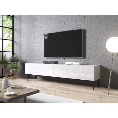TV stolík TOKA - 200 cm, lesklý biely / čierny