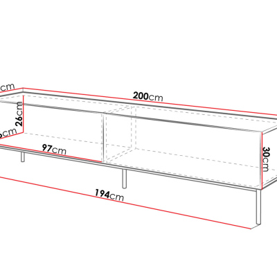 TV stolík TOKA - 200 cm, lesklý biely / čierny