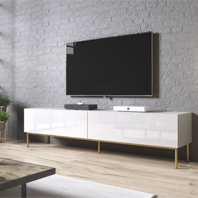 TV stolík TOKA - 200 cm, lesklý biely / zlatý