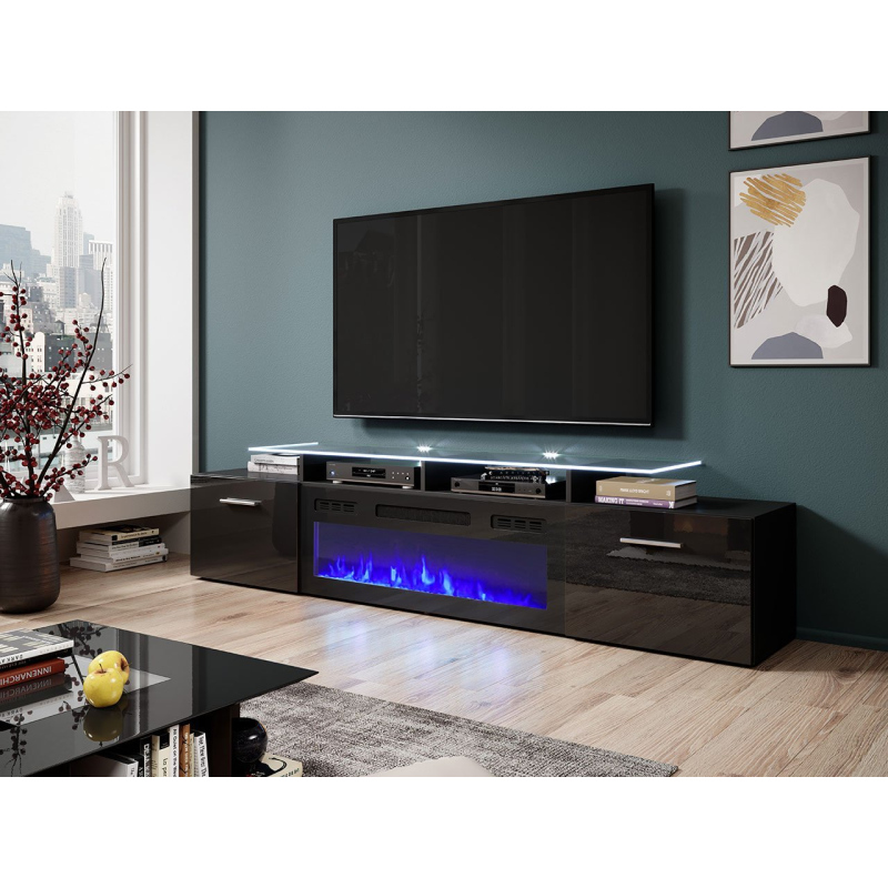 TV stolík s elektrickým krbom OKEMIA - čierny / lesklý čierny