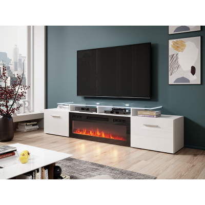 TV stolík s elektrickým krbom OKEMIA - biely / lesklý biely + LED osvetlenie ZDARMA