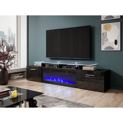 TV stolík s elektrickým krbom OKEMIA - čierny / lesklý čierny + LED osvetlenie ZDARMA
