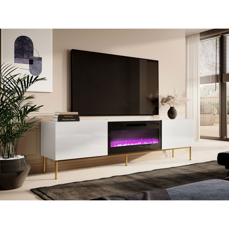 TV stolík s elektrickým krbom TOKA - lesklý biely / zlatý