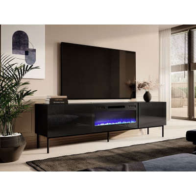 TV stolík s elektrickým krbom TOKA - lesklý čierny / čierny
